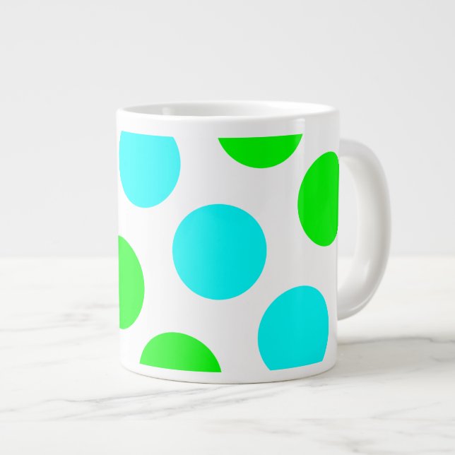 Aqua Lime and White Polka Dots Giant Coffee Mug (Front Right)