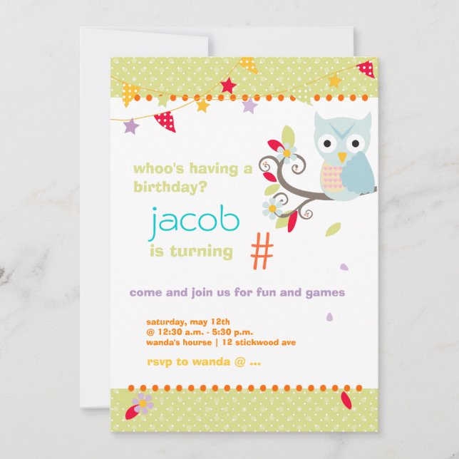 Aqua/Lime Owl Personalized Birthday Party Invitation (Front)