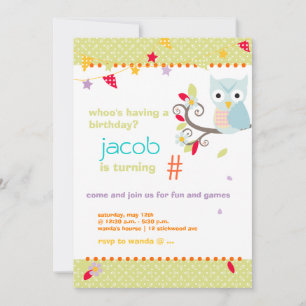 Aqua/Lime Owl Personalized Birthday Party Invitation