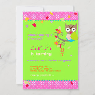 Aqua/Lime Owl Personalized Birthday Party Invitation