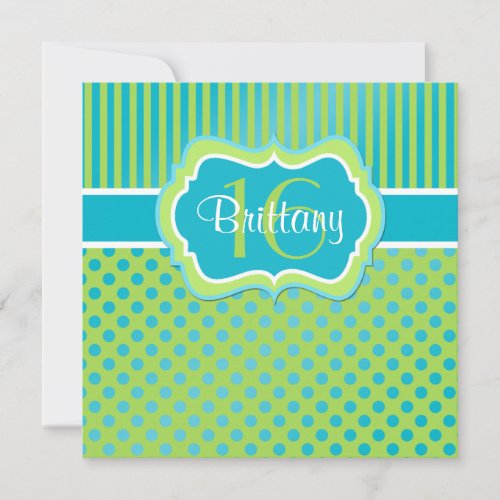 Aqua, Lime Polka Dot Sixteenth Birthday Invitation