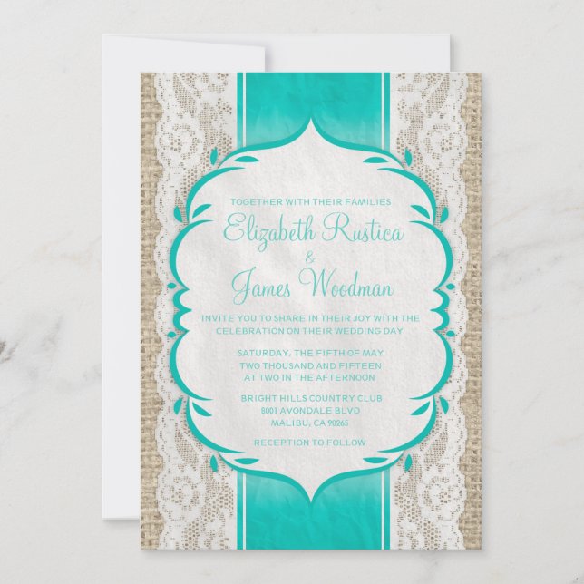 Aqua Linen Burlap & Lace Wedding Invitations (Front)