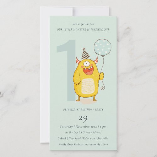 Aqua Little Yellow Monster Any Age Birthday Invite