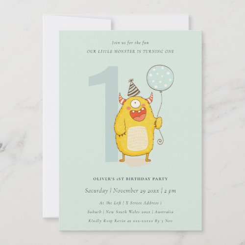 Aqua Little Yellow Monster Any Age Birthday Invite