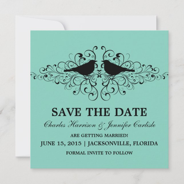 Aqua Love Bird Swirls Save the Date Invite (Front)