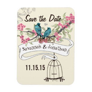 Aqua Love Birds Pink Cherry Blossom Save the Date Magnet