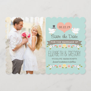 Aqua Love Birds Wedding Save the Date Card