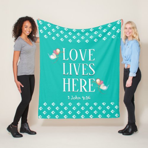 Aqua  LOVE LIVES HERE  Stylish Customizable Fleece Blanket