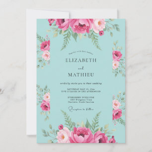 Aqua Magenta Leafy Wedding Invitation