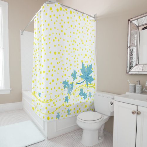 Aqua maple leaves and yellow polka dots shower curtain