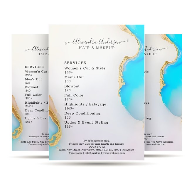 Aqua Marble Gold Details Opal Salon Price List  Flyer (Aqua Marble Gold Details Opal Salon Price List Flyer)