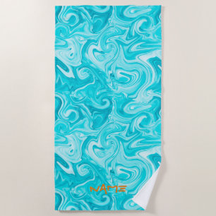 Aqua Marbled Paint NAME Orange Modern Surfer Water Beach Towel