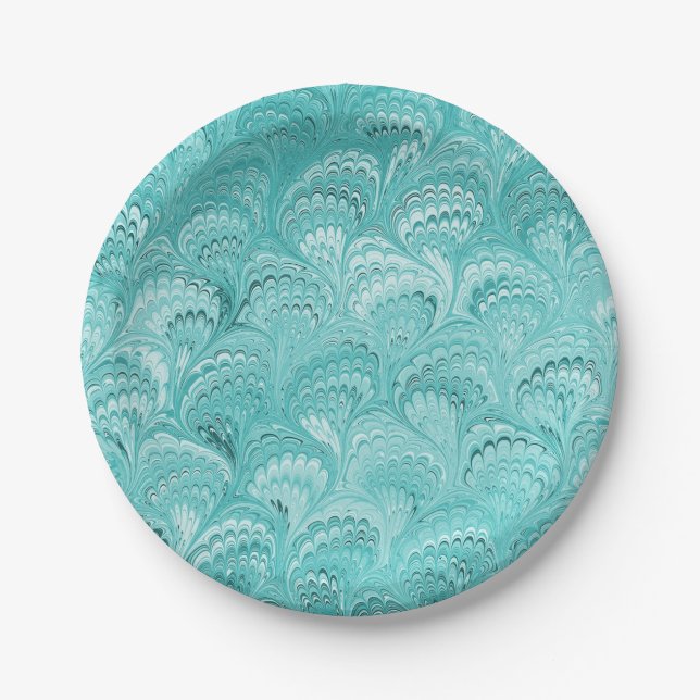 Aqua Marbled Paper Design Paper Plates (Front)