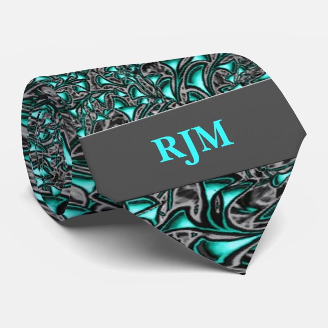 Aqua Marine and Charcoal Paisley with Monogram Tie (Rolled)