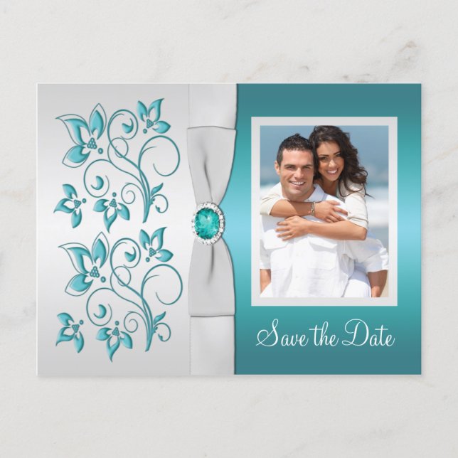 Aqua-marine and Silver Floral Photo Save the Date Announcement Postcard (Front)