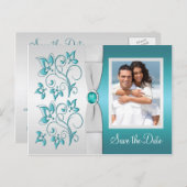 Aqua-marine and Silver Floral Photo Save the Date Announcement Postcard (Front/Back)