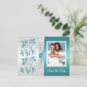 Aqua-marine and Silver Floral Photo Save the Date Announcement Postcard (Standing Front)