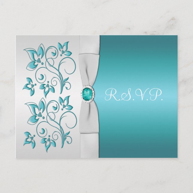 Aqua-marine and Silver Floral RSVP Invitation Postcard (Front)
