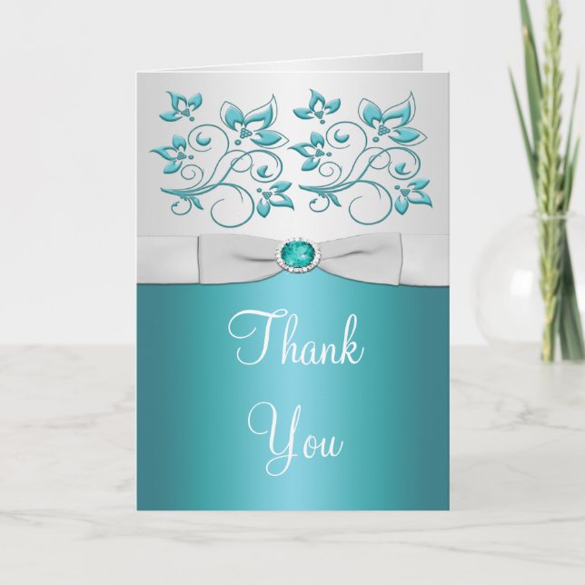 Aqua-marine and Silver Floral Thank You Card (Front)