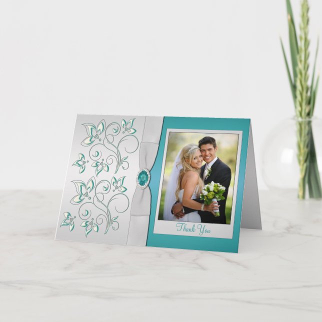 Aqua-marine and Silver Thank You Card with Photo (Front)