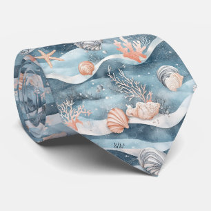Aqua Marine Starfish Coral Pattern Neck Tie