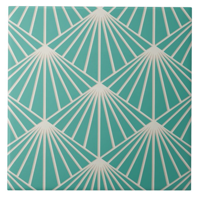 Aqua Marine Turquoise Art Deco Fan Pattern Diamond Ceramic Tile (Front)