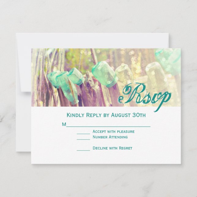 Aqua Mason Jars on Fence Post Wedding RSVP Cards (Front)