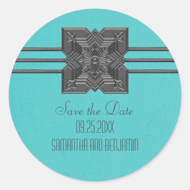 Aqua Medallion Border Save the Date Stickers (Front)