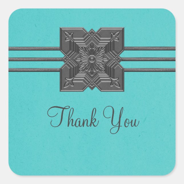 Aqua Medallion Border Thank You Stickers (Front)