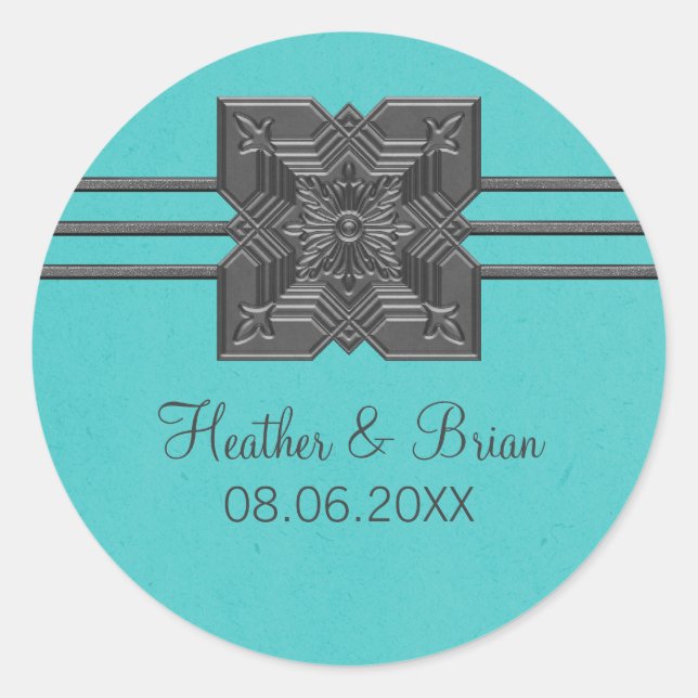 Aqua Medallion Border Wedding Stickers (Front)