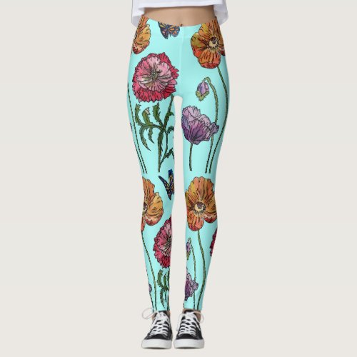 Aqua Medium Poppy Floral Watercolor Leggings