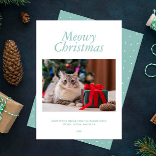 Aqua "Meowy Christmas" Personalized Photo Holiday Card