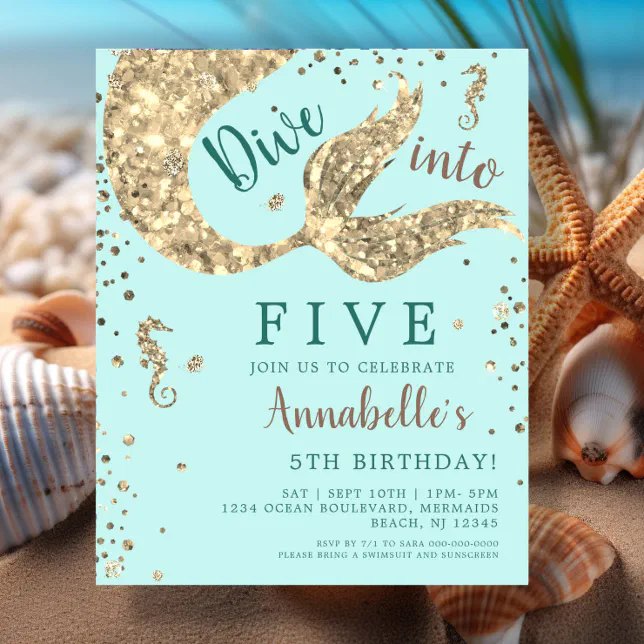 Aqua Mermaid 5th Birthday Budget Invitation | Zazzle