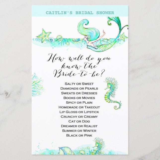 Aqua Mermaid Bridal Shower Game (Front)