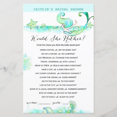 Aqua Mermaid Bridal Shower Game