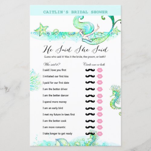 Aqua Mermaid Bridal Shower Game