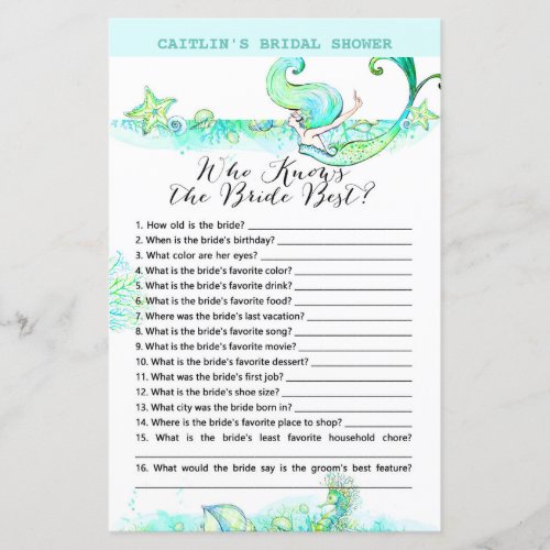 Aqua Mermaid Bridal Shower Game