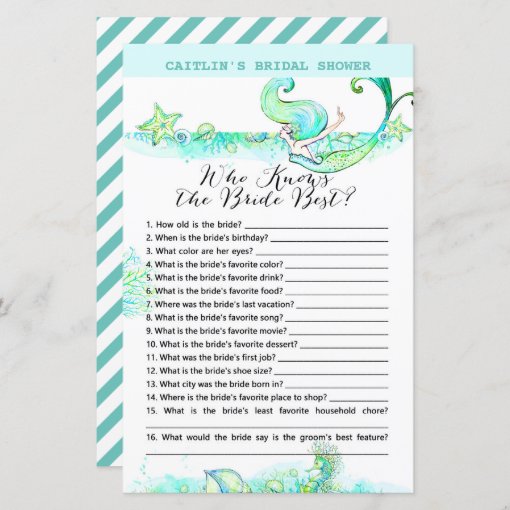 Aqua Mermaid Bridal Shower Game | Zazzle