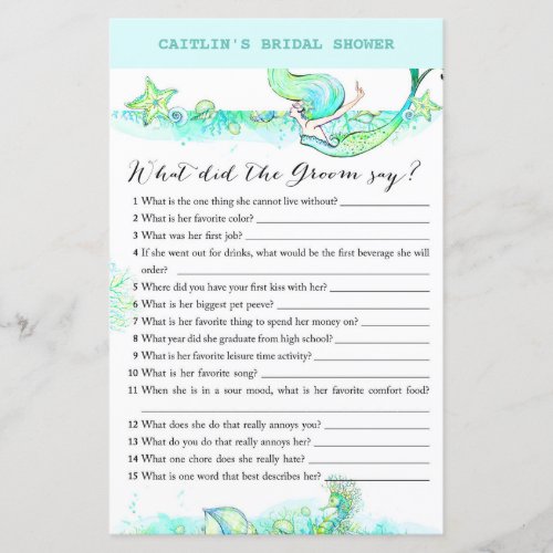 Aqua Mermaid Bridal Shower Game