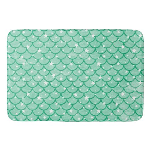 Aqua Mermaid Scales and Stars Design Bath Mat