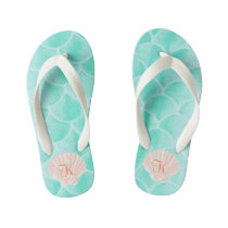 Aqua Mermaid Scales | Seashell Custom Initial Kid's Flip Flops Aqua Mermaid Scales | Seashell Custom Initial Kid's Flip Flops
