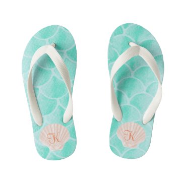Aqua Mermaid Scales | Seashell Custom Initial Kid's Flip Flops