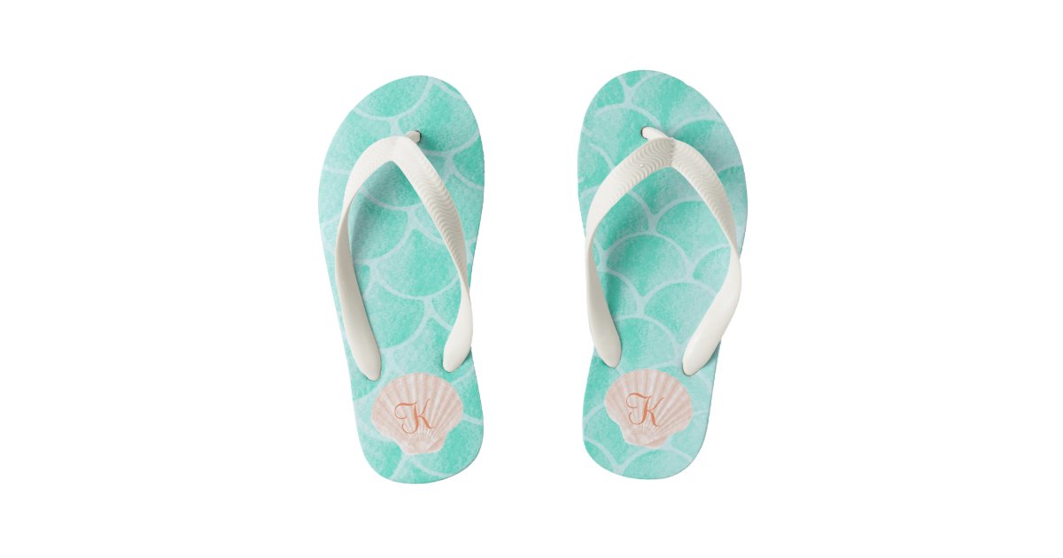 Aqua Mermaid Scales | Seashell Custom Initial Kid's Flip Flops | Zazzle