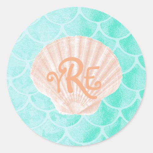 Aqua Mermaid Scales  Seashell Monogram Classic Round Sticker