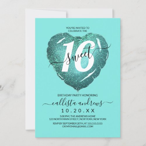 Aqua Mermaid Teal Glitter Heart Balloon Sweet 16 Invitation