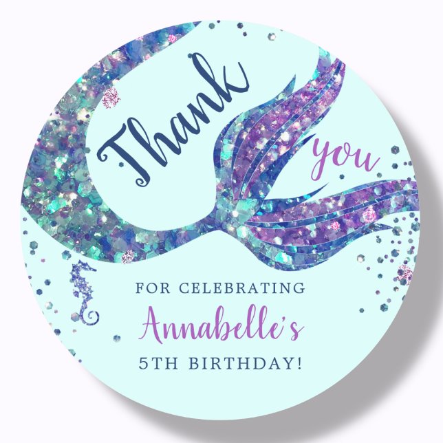 Aqua Mermaid Thank You Favor  Classic Round Sticker (Creator Uploaded)