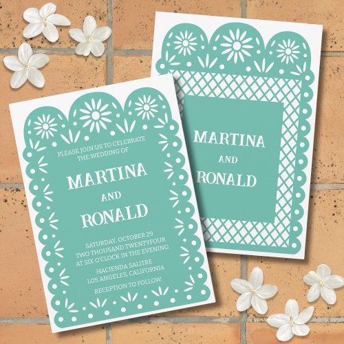 Aqua Mexican papel picado wedding invitation