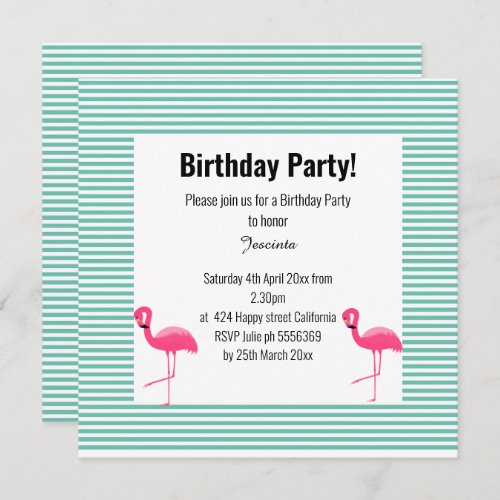 AQUA MIAMI FLAMINGO THEME BIRTHDAY INVITATION