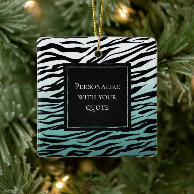 Aqua Mint Black Zebra Print Ombre Ceramic Ornament (Tree)