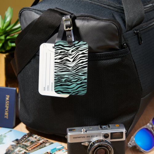 Aqua Mint Black Zebra Print Ombre Luggage Tag